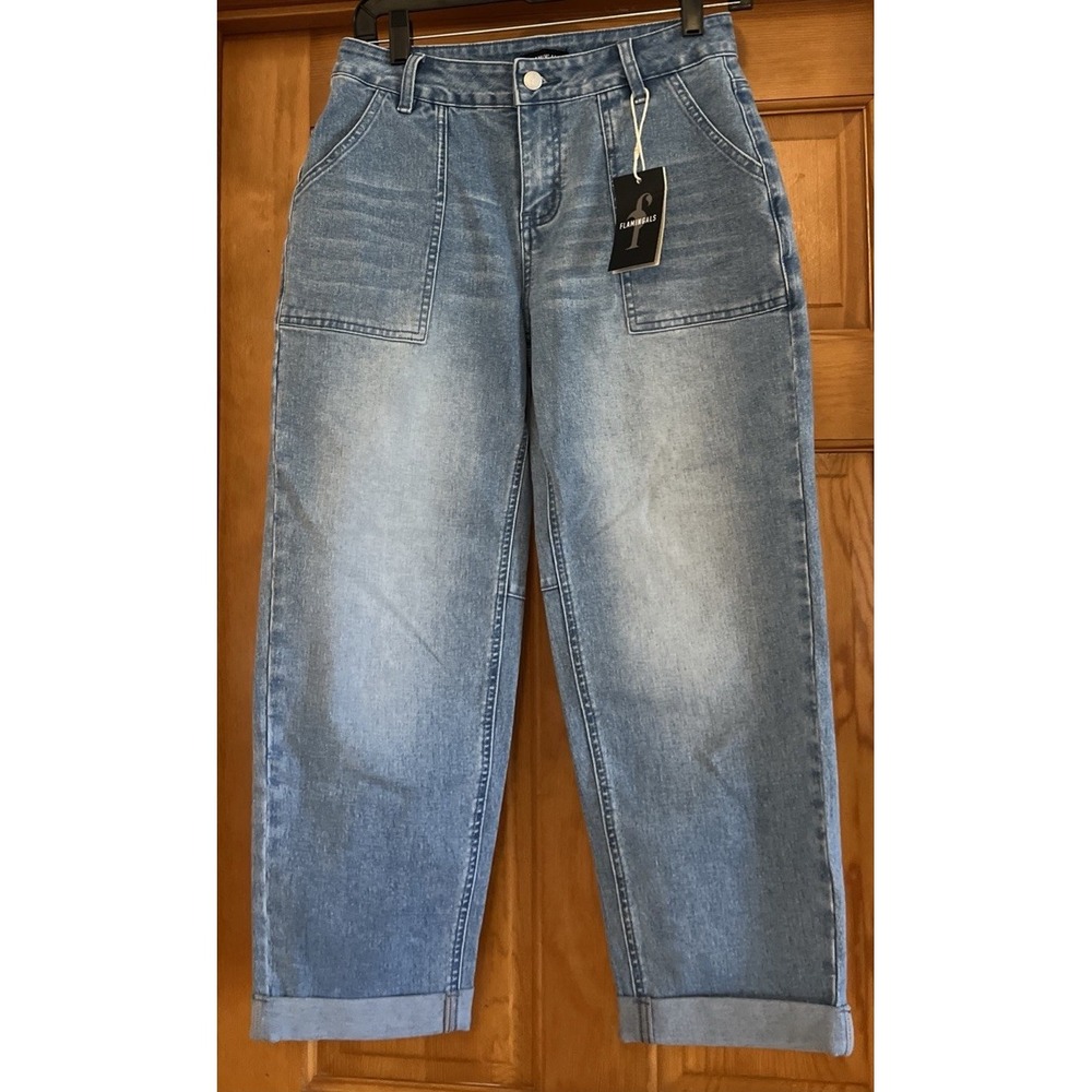 Flamingals Women's Small Straight Leg Cuffed Cropped Jeans